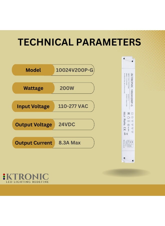 KTRONIC 200W 24V LED Driver – Ultra Slim LED Driver, 110-277VAC to 24V DC 8.3A Max. - Image 2